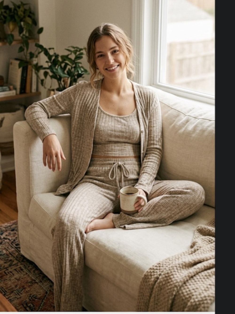 American Vintage Ribbed Knit Cardigan Set - Tan